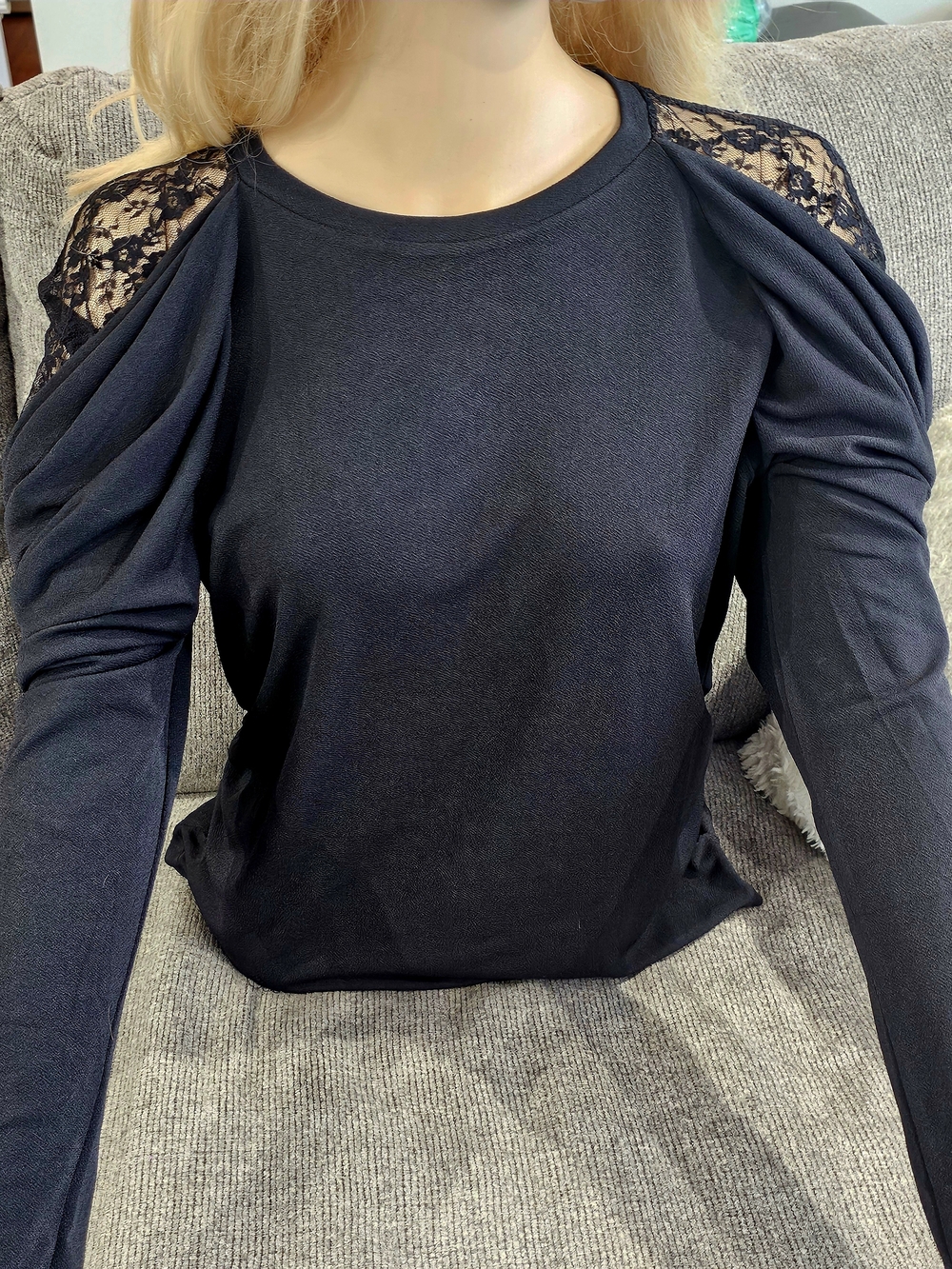 Black Lace-Panel Long Sleeve Tee for Women